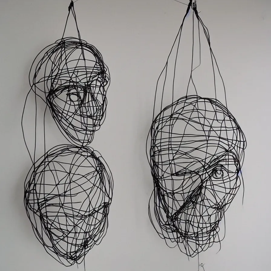 Prompt: elegantly hanging wire art sculpture of a human face