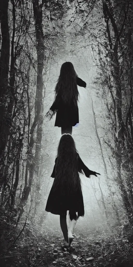 Image similar to found photo of a young witch girl with long hair walking away from the camera in a forest, magical dark and spooky, flash photography