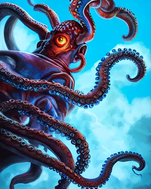 Prompt: an epic fantasy comic book style full body portrait painting of a half man half octopus, very angry, evil, riding a blue horse, character design by Mark Ryden and Pixar and Hayao Miyazaki, unreal 5, DAZ, hyperrealistic, octane render, cosplay, RPG portrait, dynamic lighting, intricate detail, summer vibrancy, cinematic