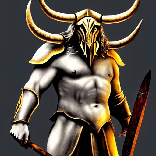 Image similar to Giant minotaur humanoid beast warrior with two handed axe, horned helmet, concept art, heavy white and golden armor, giant horns, portrait, dungeons and dragons, hyperrealism, high details, digital painting, dark fantasy