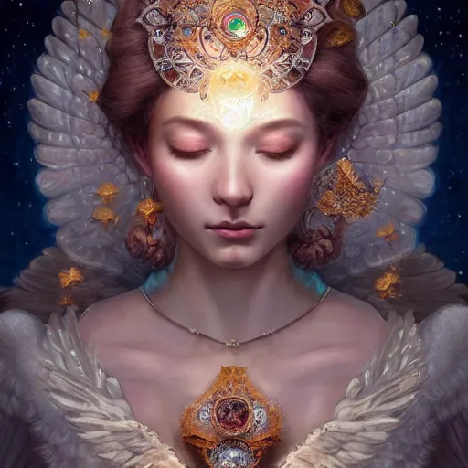 Image similar to A beautiful digital painting of a female Seraphim full of jewels, princess, the moon behind her, intricate, cinematic lighting, highly detailed, digital painting, Artstation, concept art, smooth, sharp focus, illustration, art by Tom Bagshaw, Artgerm and Greg Rutkowski