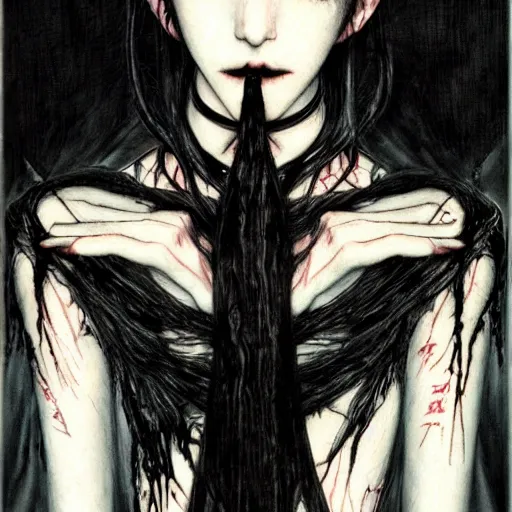 Image similar to a portrait of a character, black hair, dark eyes, dark, gothic, by Ayami Kojima, trending on pixv