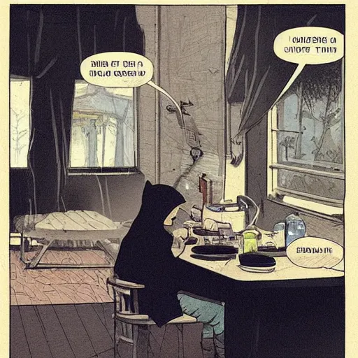 Image similar to a man in a black hoodie drinking tea in his house, vintage comic, greg rutkowski