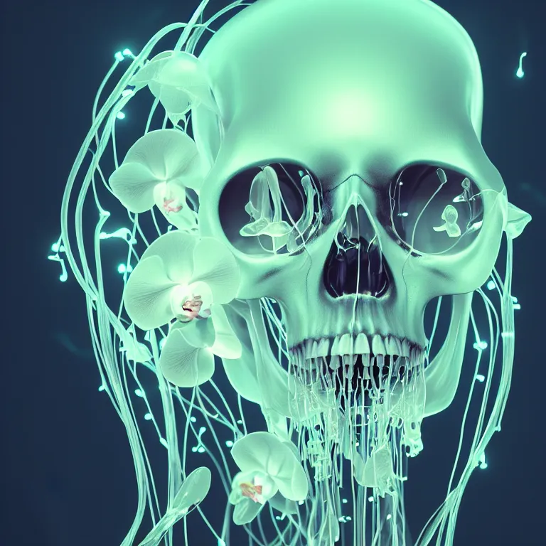 Prompt: portrait of skull and orchids, bio luminescent jellyfish, intricate artwork by Tooth Wu and wlop and beeple. octane render, trending on artstation, greg rutkowski very coherent symmetrical artwork. cinematic, hyper realism, high detail, octane render, 8k