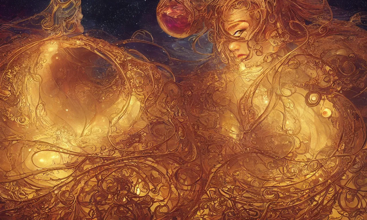 Prompt: breathtaking detailed soft painting of an intricate art nouveau galaxy with fire ribbons, fireflies floating around with hyper detailed golden stained glass windows, concept art, matte, sharp focus by johannes voss and Quentin Mabille, trending on Artstation