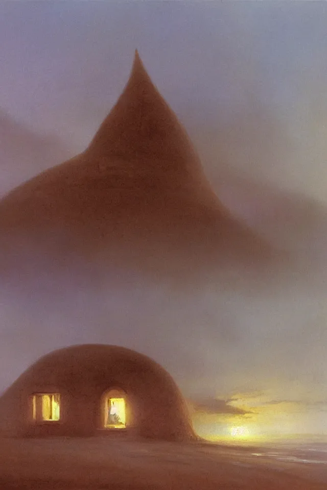 Image similar to painting of a giant seashell house where a young girl lives by john harris, atmospheric, concept art