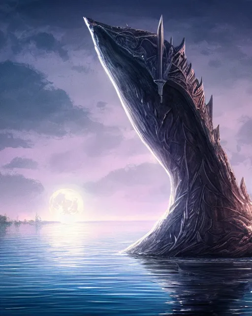 Prompt: legendary excalibur rising from the middle of a lake under a giant full moon, rippling reflections, lady of the lake, western, D&D, fantasy, intricate, elegant, highly detailed, digital painting, artstation, concept art, matte, sharp focus, illustration, masterpiece, stunning, artstation