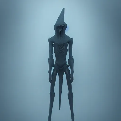 Prompt: Creepy long creature standing in a foggy weather in a desert world full of pyramids, award winning, trending on artstation, unreal engine