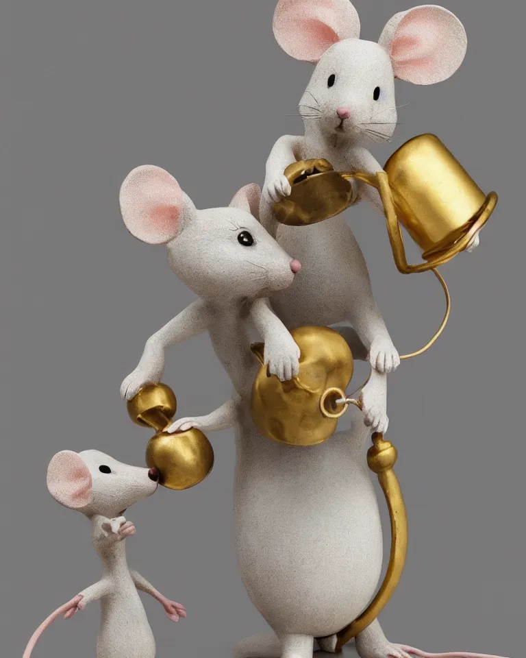 Prompt: a modern art statue of cute mouse standing on two legs and holding a round bell made with white marble and gold, trending on artstation