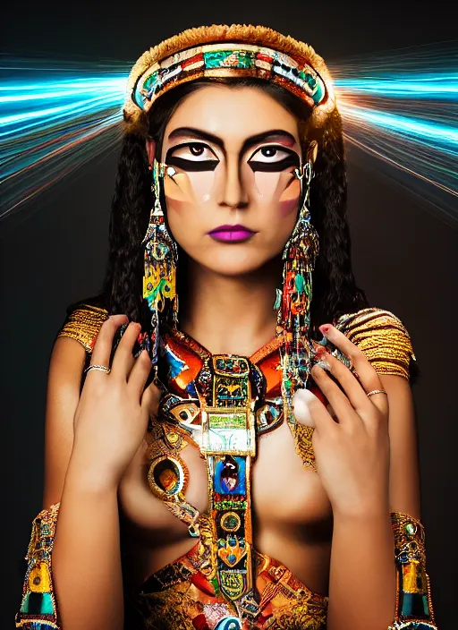 Image similar to photo shoot pose photo of beautiful aztec ancient princess standing in the corridor in the sacred temple, symmetrical face, big eyes and lips, looking down, subtle makeup, clean face and body skin,ecstatic expression, ornamental jewelry and ancient translucent clothes, futuristic space ship interrior, wires with lights,depth of field, lens flares, dust in the air, moody lighting, intricate, elegant, highly detailed, centered, smooth, sharp focus, Donato Giancola, Joseph Christian Leyendecker, WLOP, Boris Vallejo, Artgerm moody photography, old photo, black and white, sepia, cinematic lighting, cinematic angle, editorial photography