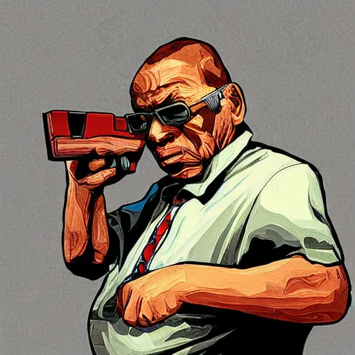 Image similar to old man in car holding gun, gta san andreas art