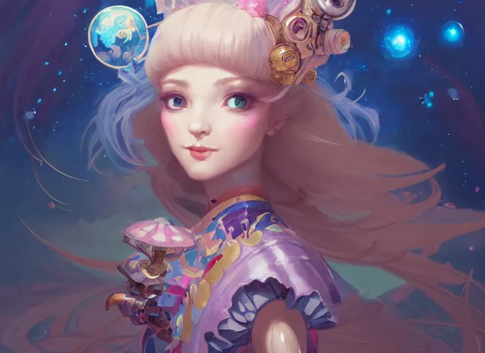 Prompt: close up picture of an maximalist dress magical girl, neat hair with bangs, slightly smiling, full of confidence, extremely beautiful and aesthetic and detailed cute face and eyes, wipe out evils with cute astronaut familiar sprites, aming the magical beams, chiaroscuro, intricate, masterpiece, fantasy illustrations by peter mohrbacher and anato finnstark and jeremy lipking