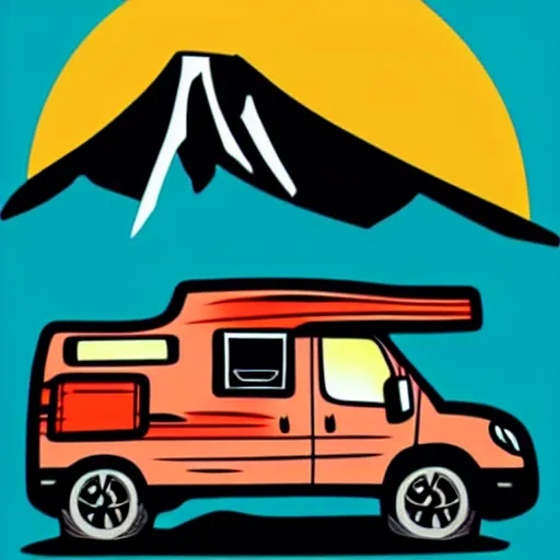 Prompt: sticker of a white and black cute thor chateau! motorhome camper!!, mountains, colorful sunset!!, thick lines, very minimal art, sticker!! by tom whalen