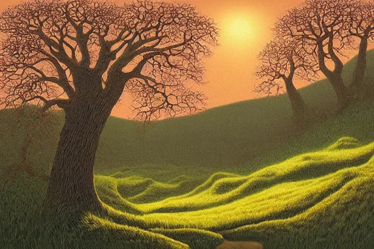 Image similar to masterpiece painting of oak trees on a hillside overlooking a creek, dramatic lighting, by annie ovenden