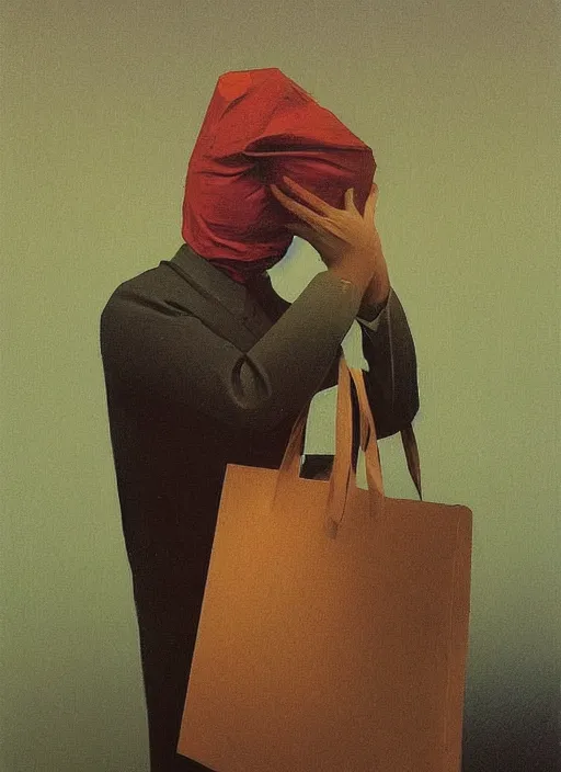 Prompt: man with a paper bag over the head and a sward Edward Hopper and James Gilleard, Zdzislaw Beksinski highly detailed