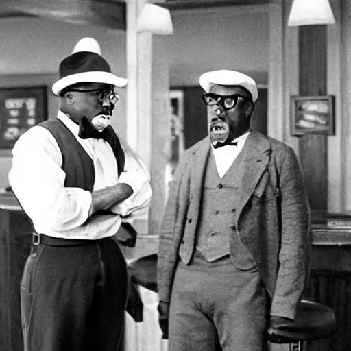 Image similar to cinematic shot of teddy roosevelt and urkel in the bar, yelling at each other