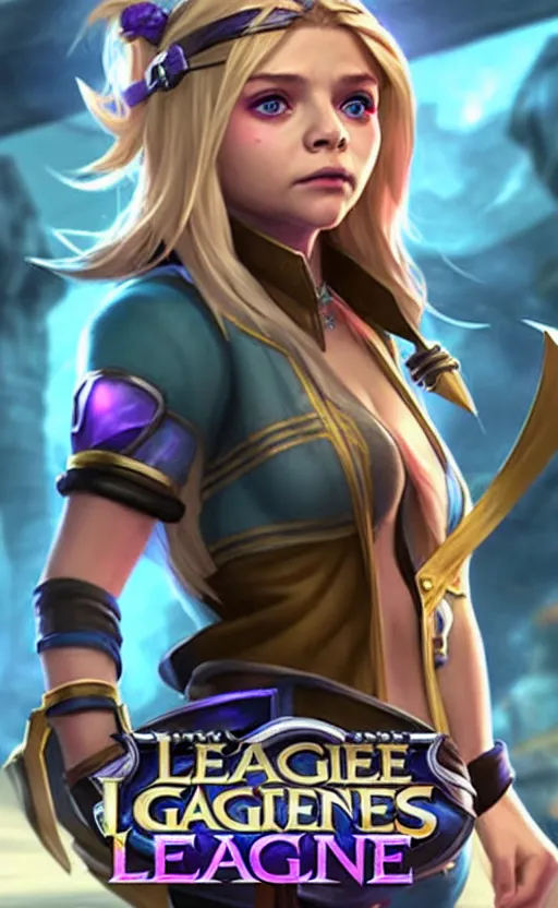 Image similar to Chloë Grace Moretz as a character in the game League of Legends, with a background based on the game League of Legends, detailed face, old 3d graphics