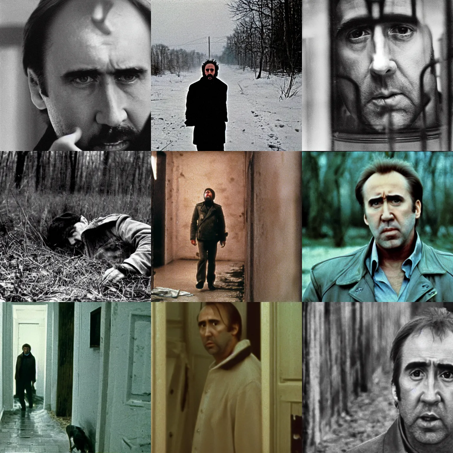 Prompt: film still of nicolas cage in tarkovsky's stalker ( 1 9 7 9 ), photography