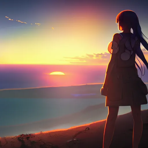 Image similar to A cyborg girl standing on the hill looking at the sea with a sunset in style of Makoto Shinkai and Cyberpunk. ArtStation, 8K, Highly Detailed, Intricate, Album Art.