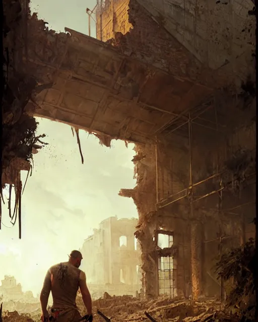 Prompt: tom hardy as a survivor, scavenging the ruins | | realistic shaded, fine details, realistic shaded lighting painting by greg rutkowski, diego gisbert llorens, magali villeneuve, artgerm, jeremy lipkin, michael garmash, rob rey