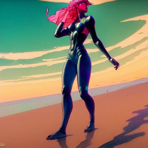 Prompt: synthwave woman walking on the beach wearing casual clothes by artgerm, cushart krenz, greg rutkowski, mucha. art nouveau, tropical atmosphere, vibrant colors, painting, sharp edges. ultra clear detailed. 8 k. elegant, intricate, octane render