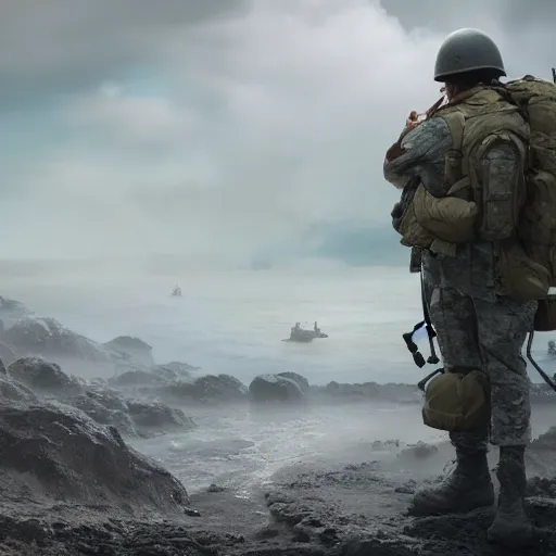 Prompt: kamala harris as a soldier on d - day, intricate detail, volumetric lighting, epic composition, hyper detailed, ultra realistic, sharp focus, octane render, volumetric, ray tracing, sense of awe, swirling mist, 4 k