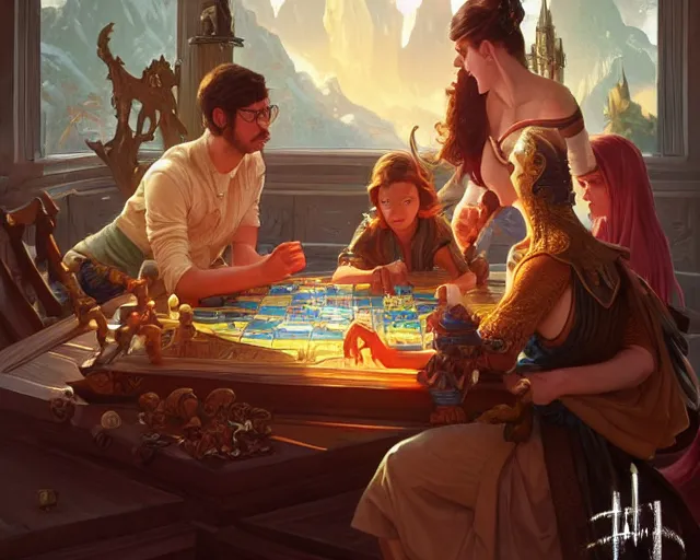 Image similar to 1 9 8 0 board game family fight, deep focus, d & d, fantasy, intricate, elegant, highly detailed, digital painting, artstation, concept art, matte, sharp focus, illustration, hearthstone, art by artgerm and greg rutkowski and alphonse mucha