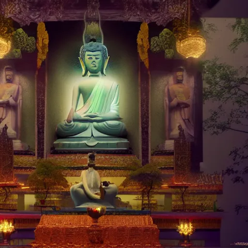 Image similar to buddhist paradise sukhavati, cinematic lighting, photorealism.