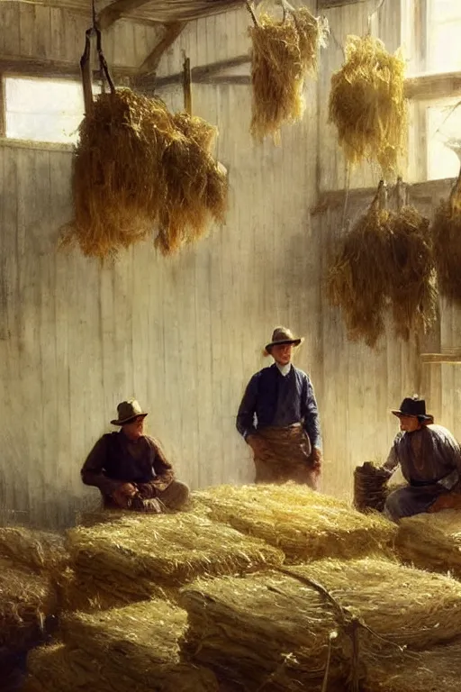 Prompt: simple amish farmers hanging tobacco in their well lit clean open barn, art by anders zorn, wonderful masterpiece by greg rutkowski, beautiful cinematic light, american romanticism thomas lawrence, greg rutkowski