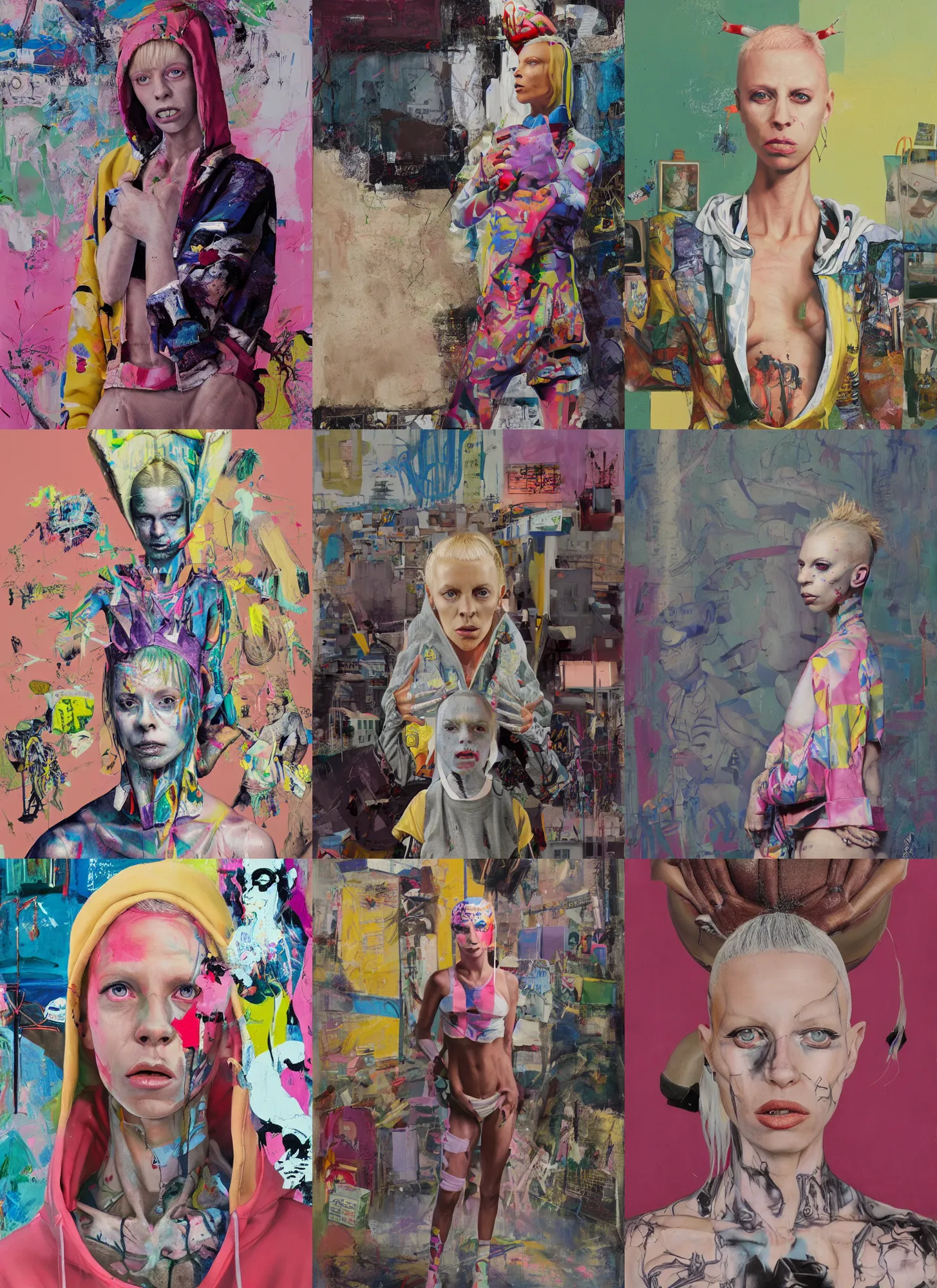 Prompt: still from music video of yolandi visser from die antwoord standing in a township street, wearing a hoodie, street clothes, full figure portrait painting by njideka akunyili crosby and martine johanna, earl norem, ismail inceoglu, pastel color palette, 3 5 mm lens