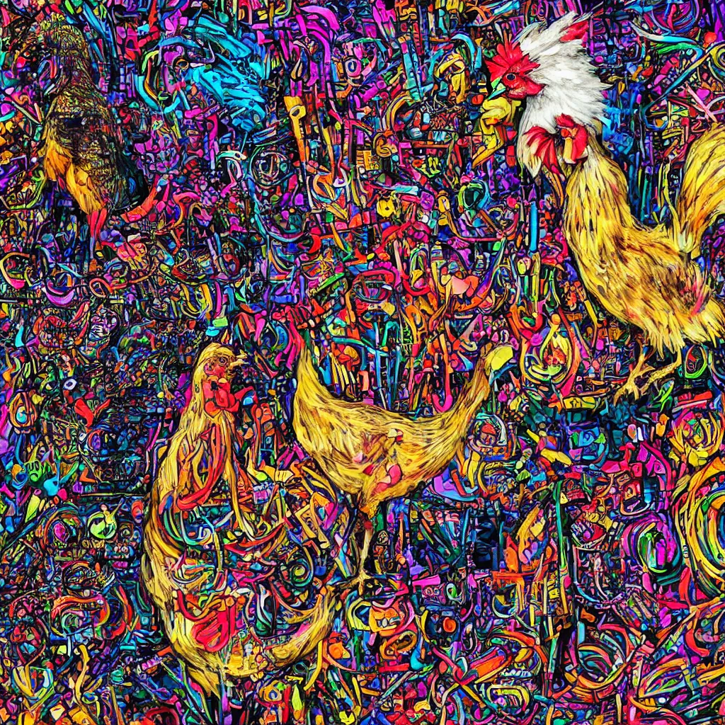 Prompt: fine portrait of a punk chicken drinking beer and making noise music, psychedelic background, ultrarealistic, 16K 3D, crying engine