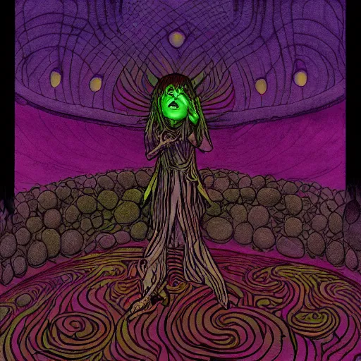 Prompt: psychedelic mushroomfolk cleric casting halo spell , in the style of Greg Broadmore and junji ito and Arthur Rackham and Moebius, trending on artstation, light lighting side view,digital art,surrealism ,macro,blueprint ,vaporwave ,