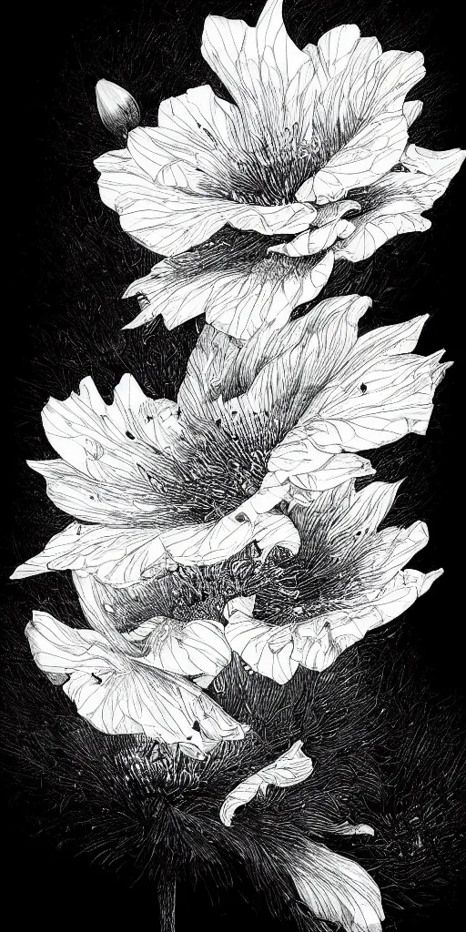 Prompt: highly detailed beautiful photography of flower, sharp focus, dramatic, dynamic, lighting, elegant, black background, harmony, beauty, masterpiece, by durero, by nicolas delort, by kim jung gi, moebius, pen draw