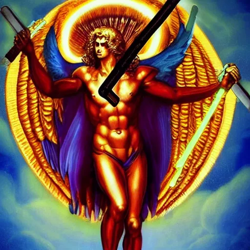Image similar to Oil canvas of Lucifer, ruler of Inferno, capital sin of Pride, Superbia, natural blonde gold like hair, intricate sophisticated well rounded face, good bone structure, bright glowing eyes as LEDs and neon, lean body, porcelain looking skin, attractive and good looking, tall, invincible, poses triumphantly over Michael the archangel in Heaven, flaming sword light saber, by Michelangelo, Caravaggio,Leonardo da Vinci, Raphael, Donatello and Sandro Botticelli, Dark Fantasy mixed with Socialist Realism, exquisite art, art-gem, dramatic representation, hyper-realistic, atmospheric scene, cinematic, trending on ArtStation, photoshopped, deep depth of field, intricate detail, finely detailed, small details, extra detail, attention to detail, detailed picture, symmetrical, 2D art, digital art, golden hour, oil painting, 8k, 4k, high resolution, unreal engine 5, octane render, arnold render, 3-point perspective, polished, complex, stunning, breathtaking, awe-inspiring, award-winning, ground breaking, concept art, nouveau painting masterpiece