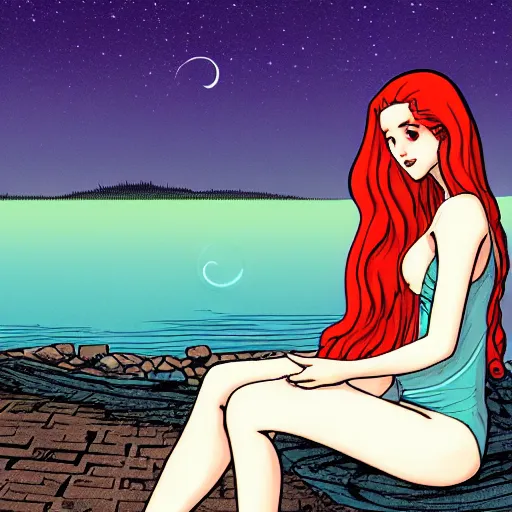 Image similar to a beautiful comic book illustration of a woman with long red hair sitting near a lake at night by dave gibbons, featured on artstation