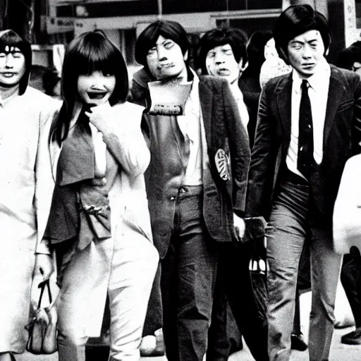 Image similar to 1 9 7 0 s japanese tv show, body - horror, bw, mechanical inhuman monsters walking the streets of shinjuku,