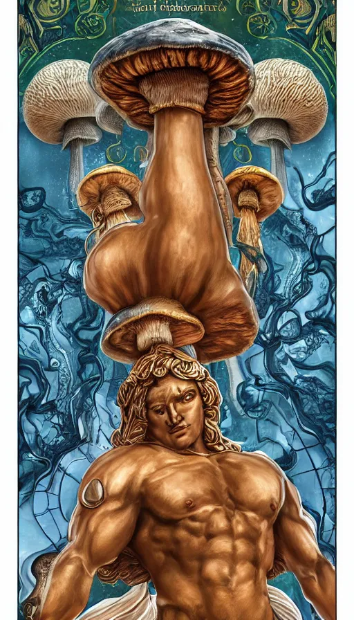 Image similar to a masterpiece hyperdetailed dnd tarot card, magnificent mushroom deity as depicted in a colossal greek marble statue ( with godlike bodybuilder physique ), hd tarot card depicting monumental statue of a mushroom god with cute large mushroom hat, hdr, 8 k, artstationhq, digital art