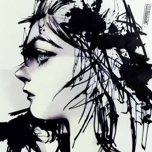 Prompt: ink illustration of Elle Fanning by Yoji Shinkawa