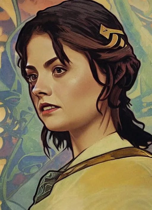 Image similar to jenna coleman as a star trek captain, a still from star trek painted by alphonse mucha. clear highly detailed face, beautiful sci fi art