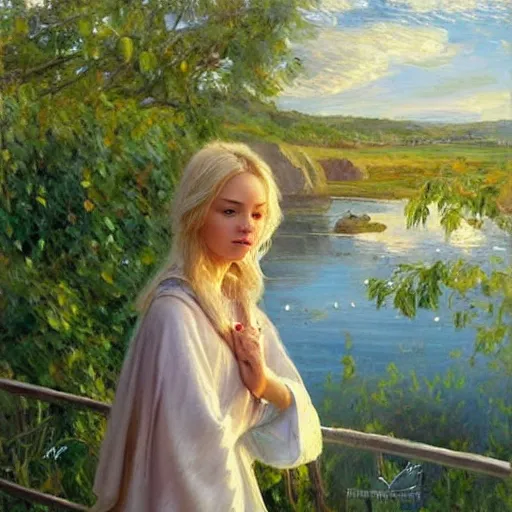 Image similar to blonde female jedi knight watching over the swedish countryside, archipelago, masterpiece, highly detailed, beautiful, atmospheric, impressionism, painting by Vladimir Volegov