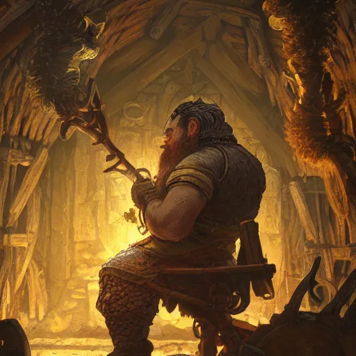 Image similar to Ancient dwarven blacksmith in the mythology of svartalfheim, D&D, fantasy, intricate, cinematic lighting, highly detailed, digital painting, artstation, concept art, smooth, sharp focus, illustration, art by Akihiko Yoshida, Greg Rutkowski and Alphonse Mucha