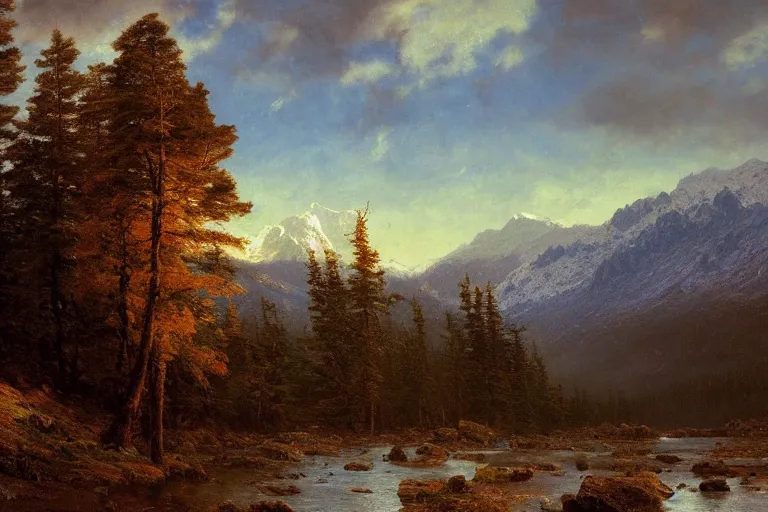 Image similar to mountains, clouds, trees, sunset, beautiful nature, winter, hyperdetailed, focused, cinematic lighting, oil painting, colorful, canvas, artstation, Albert Bierstadt, Hans Dahl, Theodor Kittelsen, Hermann Hendrich, Konstantin Yakovlevich Kryzhitsky