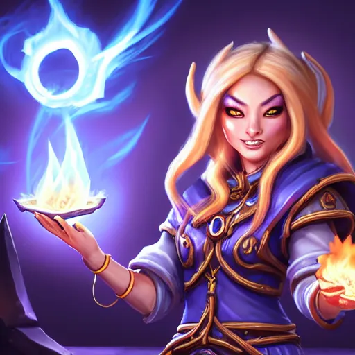 Prompt: CLOSED EYES!!! Hearthstone official professional art. A sorceress, wearing a robe casting a fire ball. Insanely coherent physical body parts (face, arms, legs, hair, eyes, pupil, eye white). Full body realistic, sharp focus, 8k high definition, insanely detailed, intricate, elegant, smooth, sharp focus, illustration, ArtStation