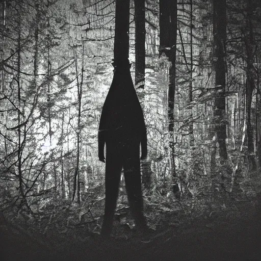 Image similar to grainy trail cam photo still of an alien in the woods at night hiding in the trees of a forest