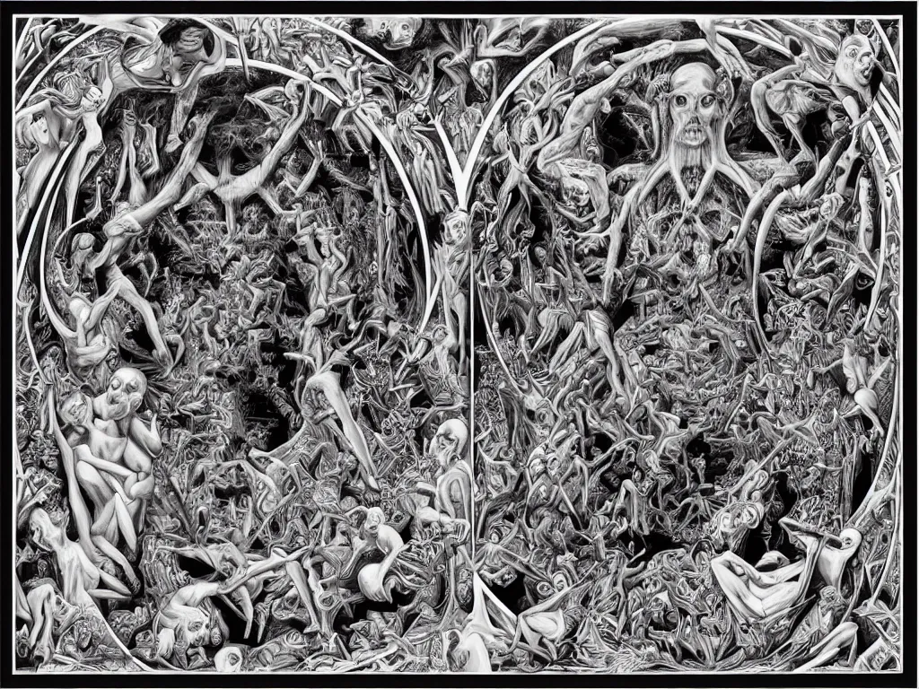 Image similar to meditation on death by Alex Grey and M. C. Escher collaboration