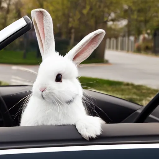 Image similar to a cute bunny driving a convertible, studio photo, high quality