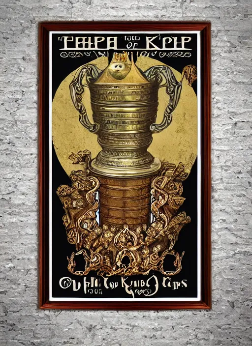 Image similar to sloth as the king of cups, copper cup, coper crown, poster framed, intricate details, medieval art style, high contrast, posterized