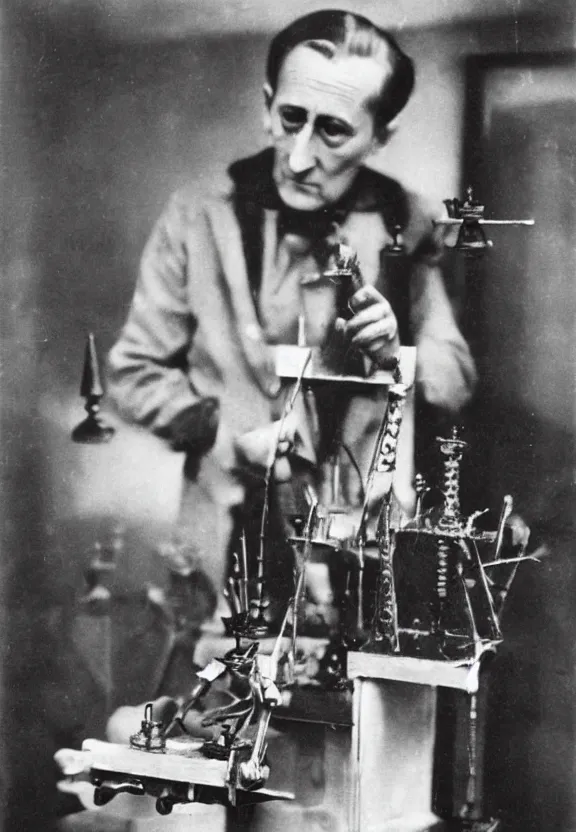 Image similar to marcel duchamp holding up a chess - piece wire - machine, a surrealist painting by marcel duchamp, complex artificial - intelligence machinery, flickr contest winner, studio portrait, 1 9 2 0 s