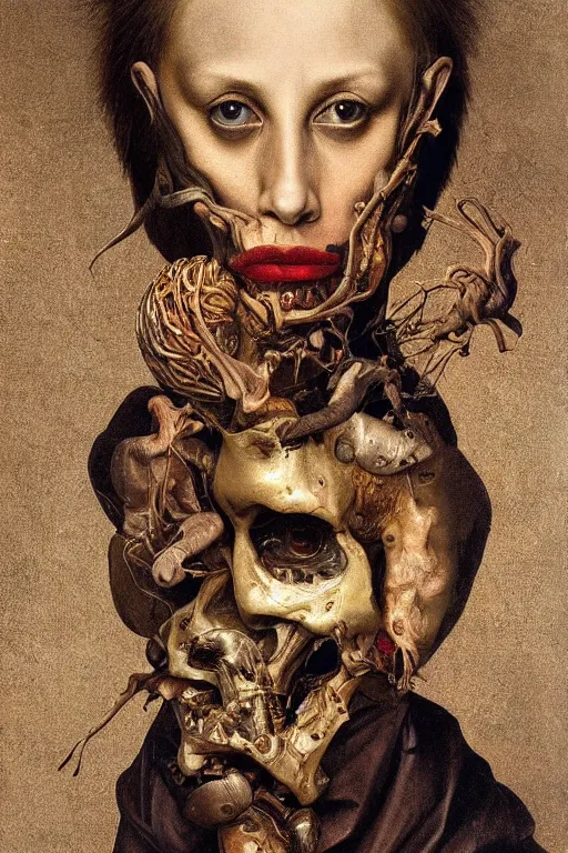 Image similar to Detailed maximalist portrait with large lips and with large wide eyes, surprised expression, surreal extra flesh and bones, HD mixed media, 3D collage, highly detailed and intricate, golden ratio, illustration in the style of Caravaggio, dark art, baroque