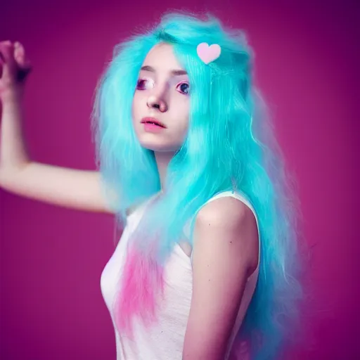 Prompt: a melanchonic photo of a beautiful young woman with cotton candy hair. with a little bit of cyan and pink